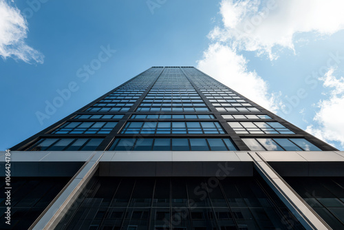 Contemporary skyscraper reaching for the sky against a backdrop of blue clouds in an urban setting