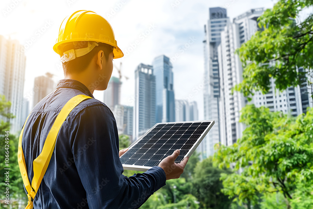 Conceptual image of a solar grid connected to a small Conceptual image of a solar grid connected to a small