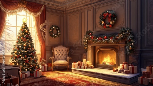 Stylish interior of living room with fireplace decorated Christmas tree. Christmas decoration.