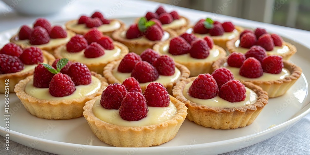 A Delightful Array of Raspberry Tartlets, Each Exquisitely Filled with Creamy Custard and Topped with a Lush, Vibrant Berry, Creating a Visual Symphony of Sweetness and Delicacy A Delightful Array of Raspberry Tartlets, Each Exquisitely Filled with Creamy Custard and Topped with a Lush, Vibrant Berry, Creating a Visual Symphony of Sweetness and Delicacy