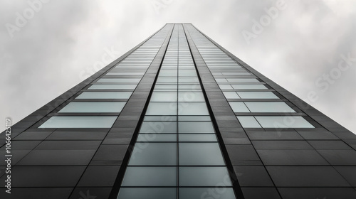 View of a sleek modern skyscraper stretching toward a cloudy sky in an urban setting