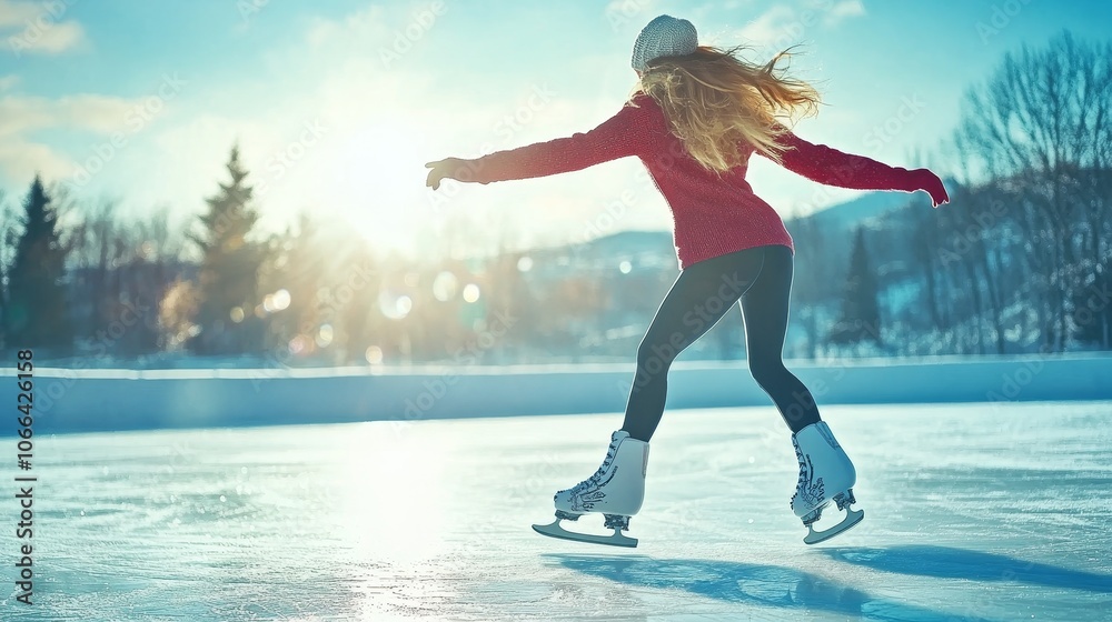 A figure skater glides gracefully on an ice rink under a bright winter sun. A figure skater glides gracefully on an ice rink under a bright winter sun.
