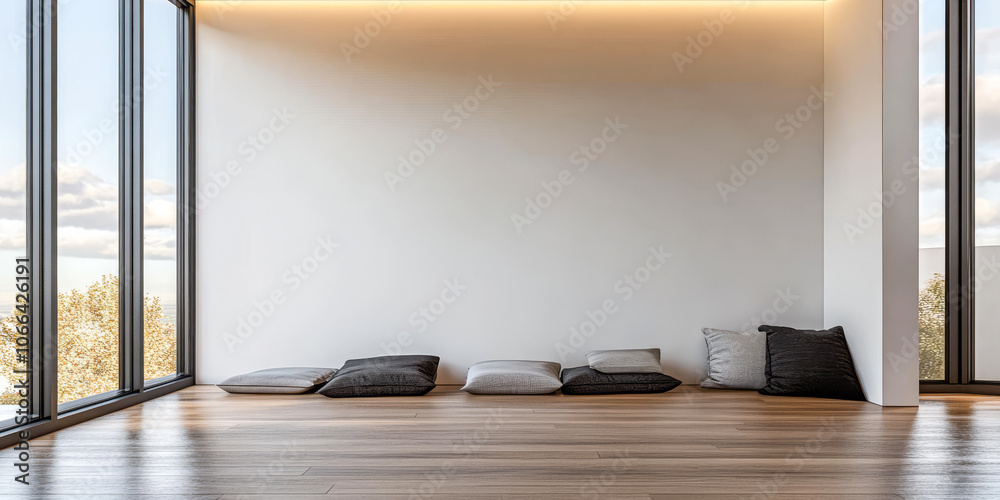 Fototapeta premium Modern minimalist interior with floor cushions and large windows in a serene setting