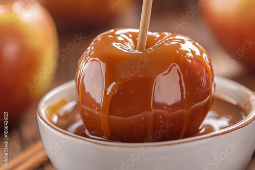 Close-up of a caramel apple being dipped into a bowl of caramel photo