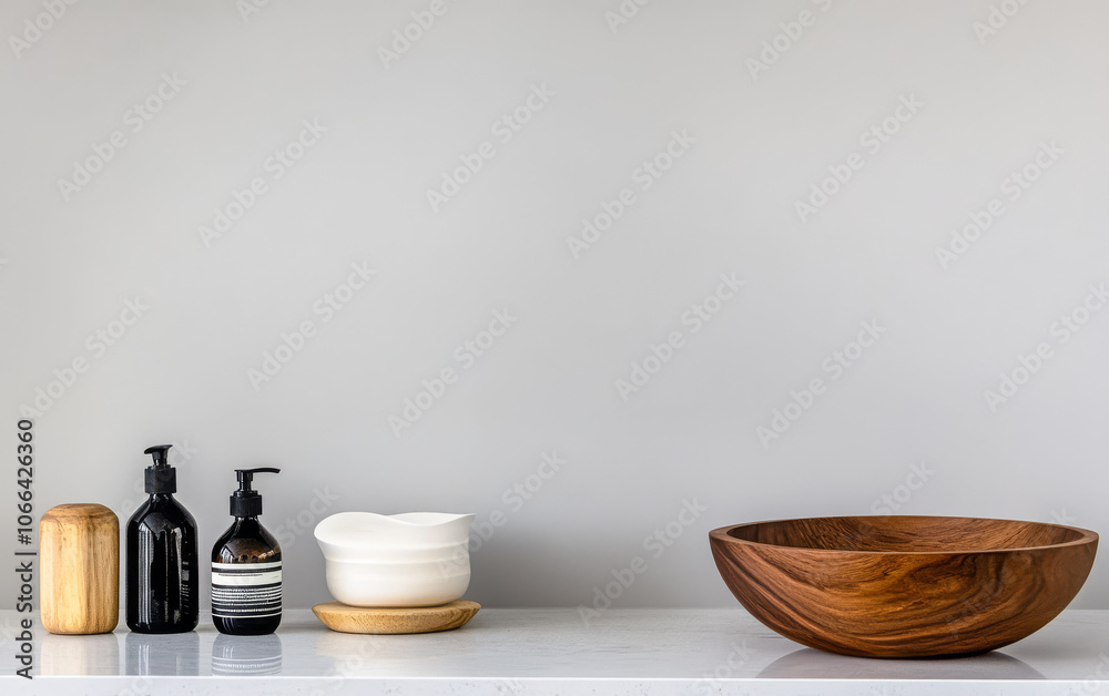Elegant bathroom display with a wooden bowl and chic toiletries in a minimalistic style Elegant bathroom display with a wooden bowl and chic toiletries in a minimalistic style