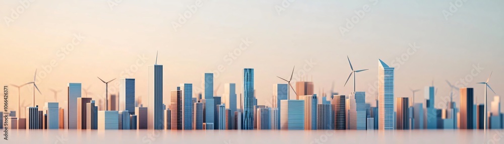 Fototapeta premium A modern skyline featuring skyscrapers and wind turbines, showcasing urban architecture and sustainable energy.