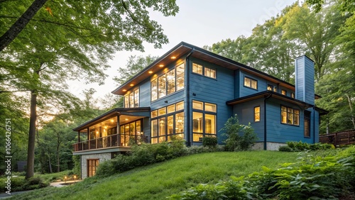 Modern blue home with large windows, nestled amongst lush greenery and illuminated by warm evening light.