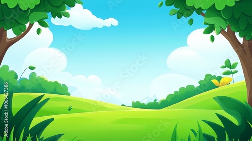 A vibrant, cartoon-style landscape featuring green hill, tree, and a bright blue sky.
