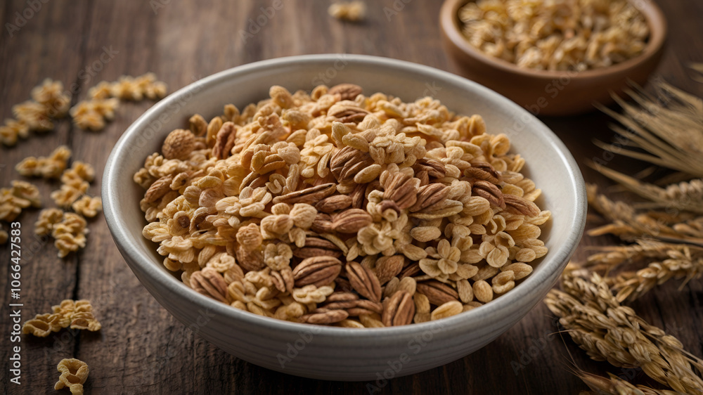 Photo of bowls containing various shapes of cereal. The bowl is made of ceramic and placed in the middle of a wooden table Photo of bowls containing various shapes of cereal. The bowl is made of ceramic and placed in the middle of a wooden table