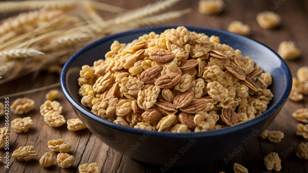 Photo of bowls containing various shapes of cereal. The bowl is made of ceramic and placed in the middle of a wooden table