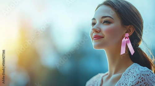 Elegant Woman with Pink Ribbon Earrings in Natural Light