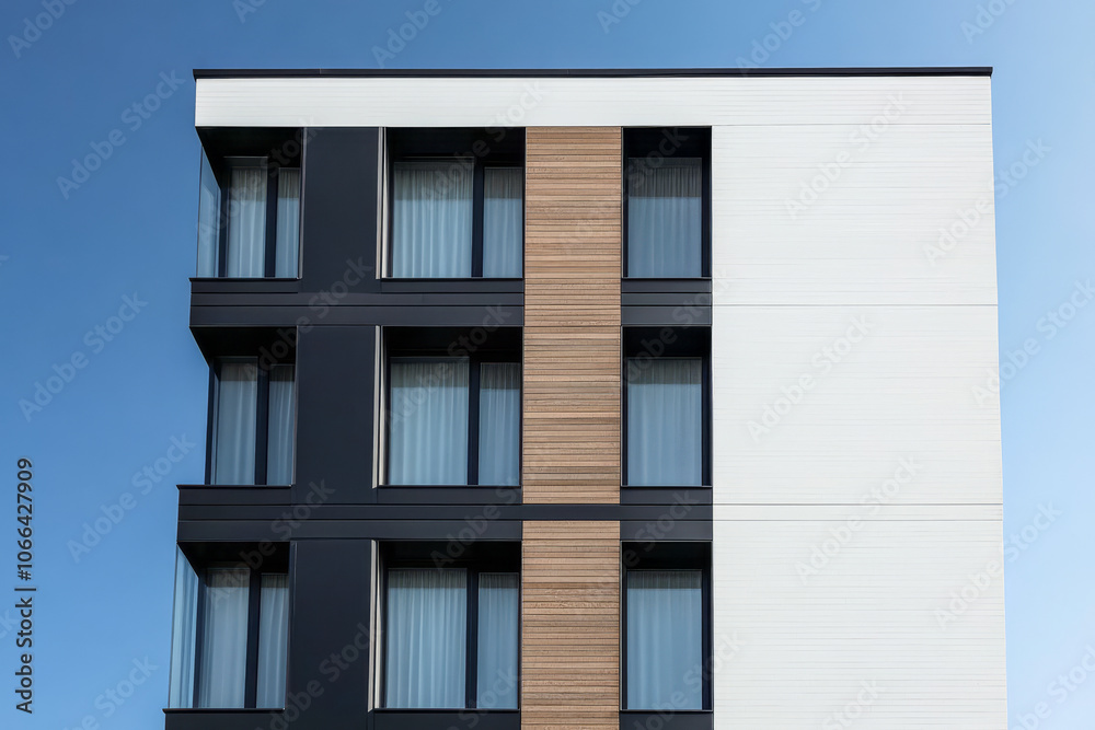 Modern architectural design of a multi-story building with wooden accents against a blue sky Modern architectural design of a multi-story building with wooden accents against a blue sky