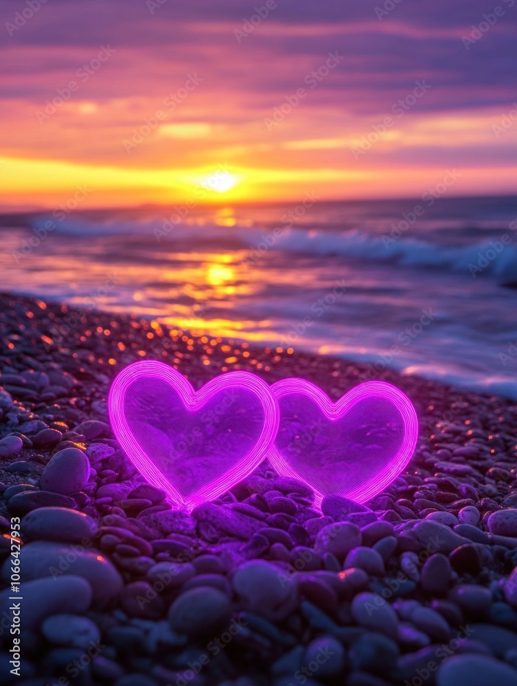 Fototapeta premium Two Hearts on a Beach at Sunset