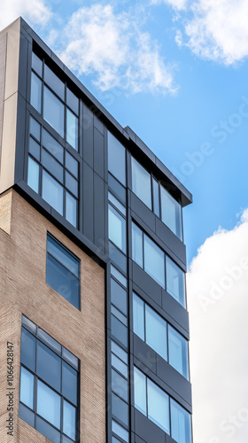 Modern building exterior with glass windows against a clear blue sky in an urban setting