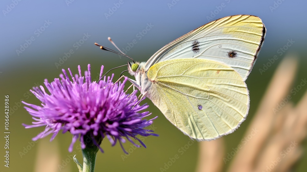 A beautiful butterfly pollinates a vibrant purple flower in nature's splendor A beautiful butterfly pollinates a vibrant purple flower in nature's splendor