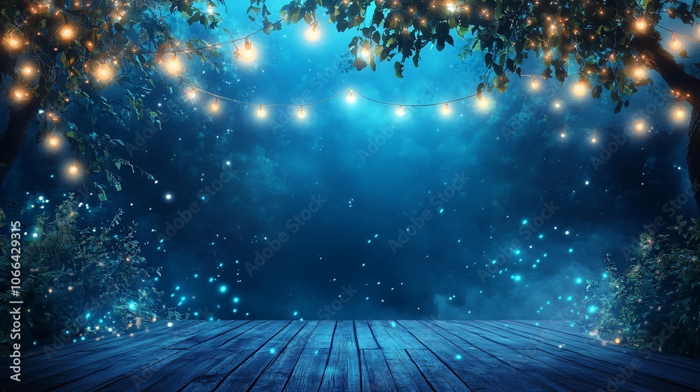 Naklejka premium A wooden platform with fairy lights and glowing particles on a blue backdrop.