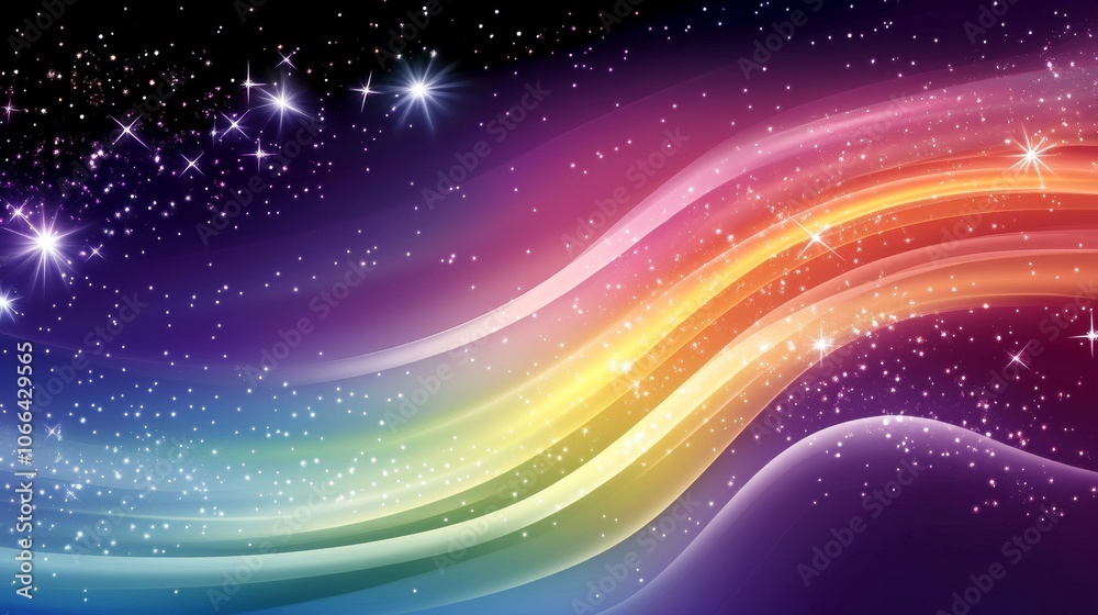 Obraz premium A colorful abstract design featuring flowing lines and stars against a cosmic background.