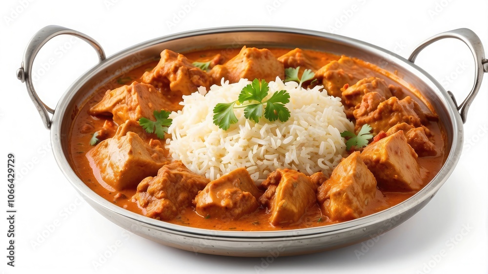 A transparent or white background with an isolated image of Indian butter chicken curry in a balti dish A transparent or white background with an isolated image of Indian butter chicken curry in a balti dish