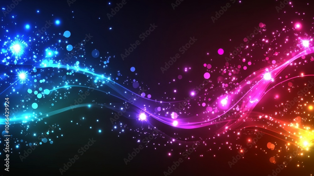 Obraz premium A vibrant abstract design featuring colorful light trails and particles against a dark background.