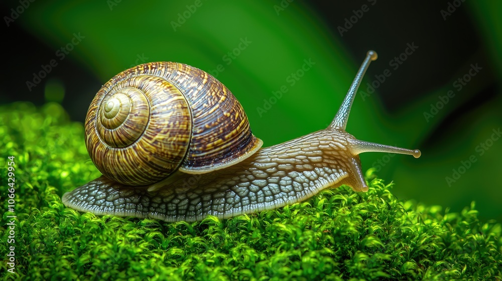 A snail crawls gracefully over lush green moss in a serene natural habitat A snail crawls gracefully over lush green moss in a serene natural habitat