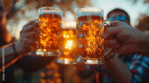 Men clinking mugs with beer during celebration of Oktoberfest outdoors party background.Cheers with beer and enjoy tradition