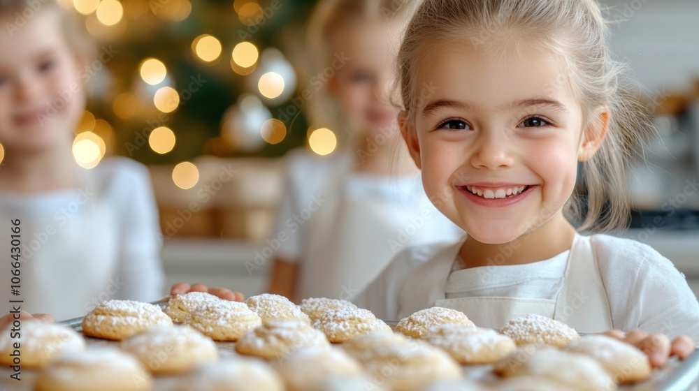 Smiling child holding a tray of freshly baked cookies in a festive kitchen setting, AI Smiling child holding a tray of freshly baked cookies in a festive kitchen setting, AI
