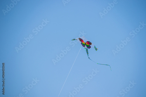 The dance of a butterfly kite across the blue sky. Kite flying is a traditional Korean folk game enjoyed from Lunar New Year to Daeboreum, symbolizing sending away misfortune and welcoming fortune.