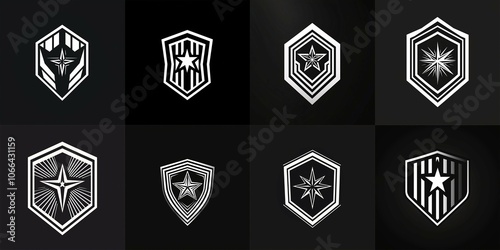 A contemporary badge logo showcasing a geometric shield with striking lines and a chic star emblem at its center, rendered in a sleek monochrome design. photo