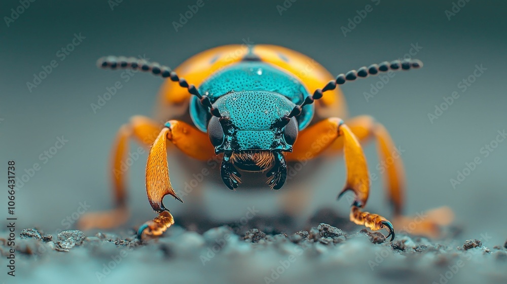 Fototapeta premium A close-up of a vibrant, multicolored beetle with a striking turquoise and orange body, showcasing intricate details and textures.