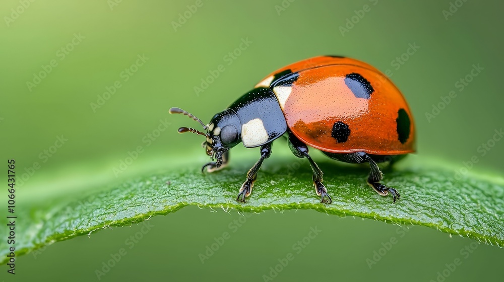 Fototapeta premium A vibrant ladybug with red and black spots rests on a green leaf, showcasing intricate details in a natural setting.