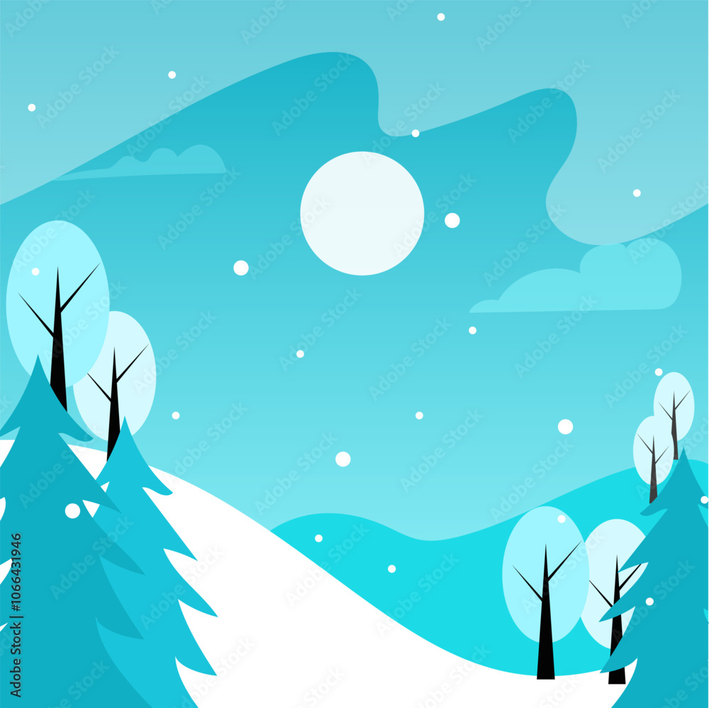 winter landscape with snow, Flat design winter background, Hand drawn winter landscape winter landscape with snow, Flat design winter background, Hand drawn winter landscape