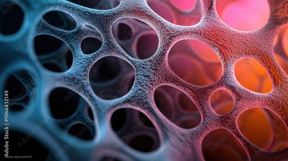 A close-up view of intricate patterns resembling cellular structures, featuring vibrant colors and porous formations highlighting depth and texture.