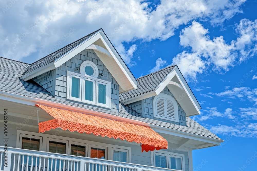 Stylish beach home, slate roof, coral awning, bright sky, stock photo.