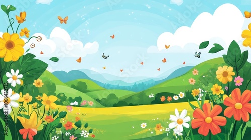 A vibrant landscape featuring colorful flower, butterfly, and rolling hill under a blue sky.
