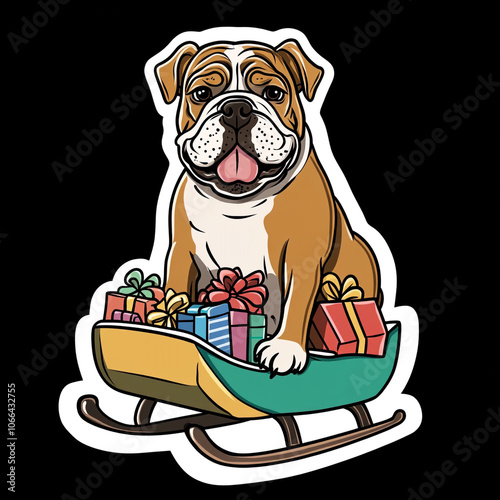 Bulldog Dog Sitting In A Sled With Gifts Cartoon Illustration