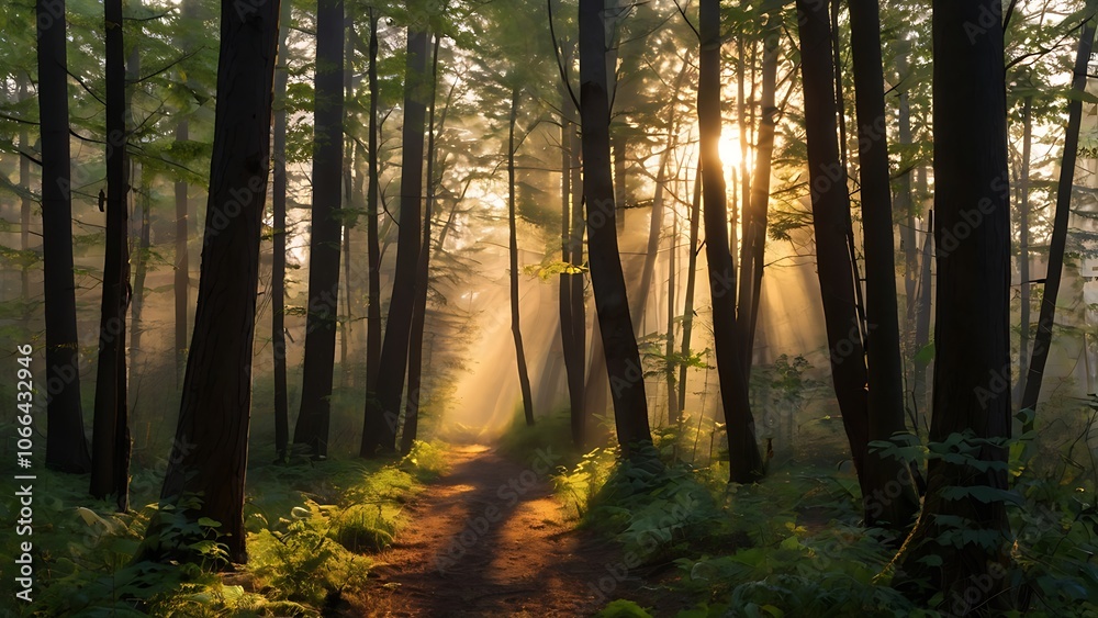 Obraz premium Sunbeams Streaming Through a Misty Forest Path