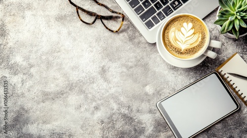 Flat lay office desk. Female workspace laptop computer, blank copy space mockup screen smartphone, coffee cup, diary, glasses. succulent plant on concrete stone background. Top view feminine workspac