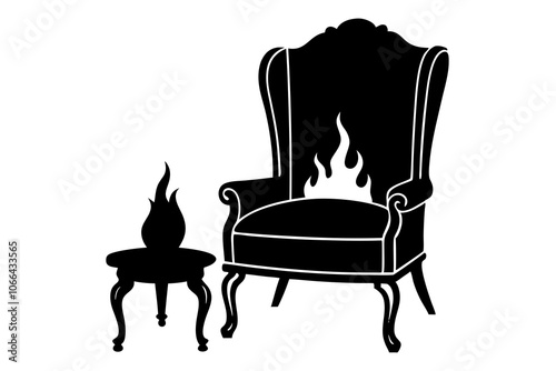 An antique chair silhouette by a cozy fireplace, with flickering flames casting a warm glow.