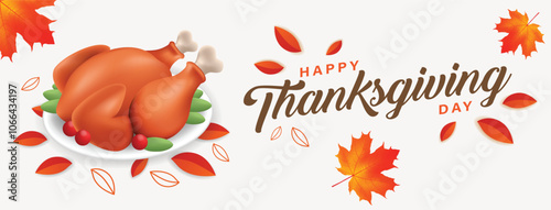 Happy Thanksgiving Day banner with turkey and fall leaves on white background for web template. vector illustrator