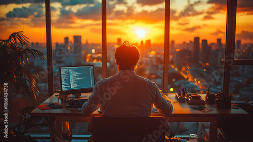 Remote work scene with data analyst at desk, coding and reviewing data, enjoying sunset view over city skyline, creating productive atmosphere