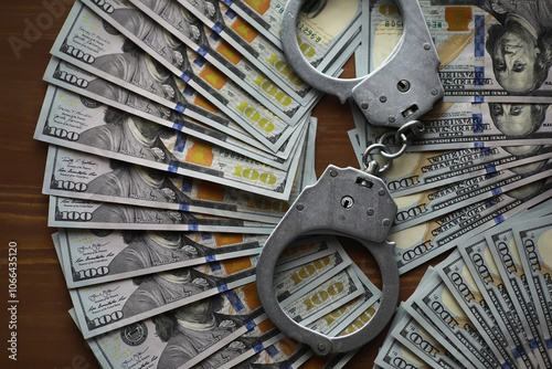 Obraz na plátně Handcuffs on US Dollar Banknotes - Crime and Money, Law Enforcement, Financial F