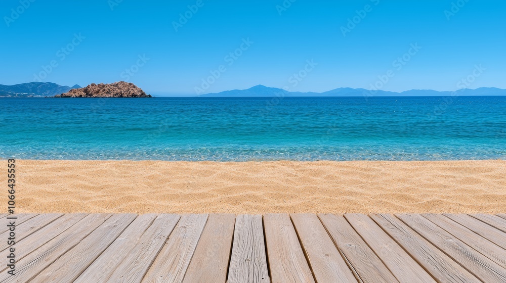 Fototapeta premium Serene Summer Beach with Golden Sand and Clear Water