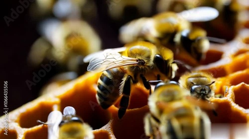 close up of a bee doing her job, Honeycomb photo