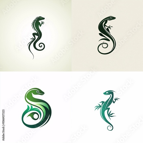 A minimalist logo collection featuring a stylized green lizard silhouette with elongated limbs and a curled tail on a white background.