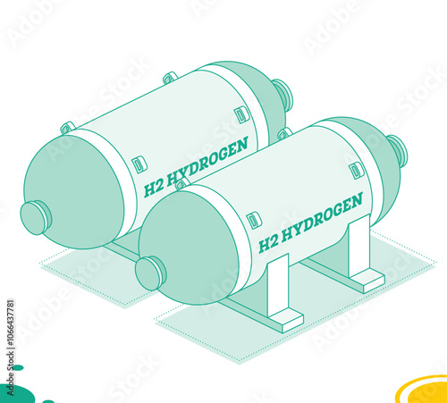 Isometric h2 hydrogen storage tanks. Outline objects isolated on white background.