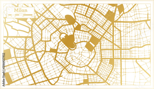 Milan Italy City Map in golden Colors in Retro Style. Outline Map.