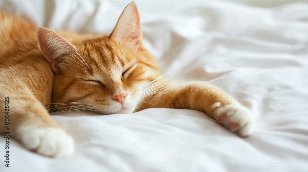 The cat lies on a white bed and sleeps with his paws outstretched The cat lies on a white bed and sleeps with his paws outstretched