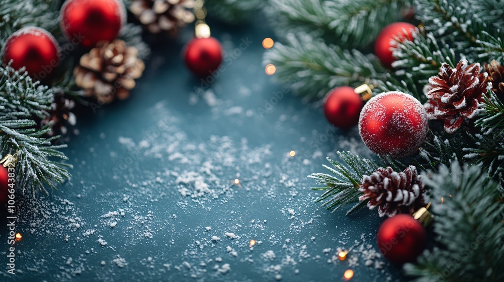 Blank Christmas and Happy New Year Background with Copy Space for Text. Festive pine cones, red berries, branches frame with ornaments and snow on the floor, blue holiday background. Blank Christmas and Happy New Year Background with Copy Space for Text. Festive pine cones, red berries, branches frame with ornaments and snow on the floor, blue holiday background.