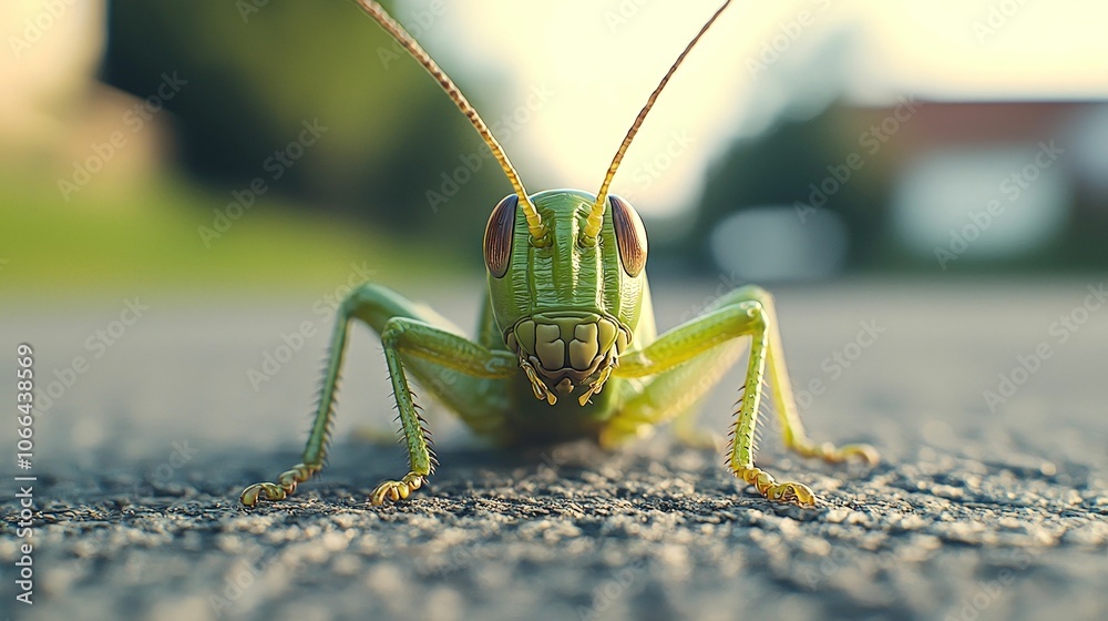 A close-up view of a green grasshopper on a textured surface, highlighting its intricate details and vibrant coloration against a blurred background. A close-up view of a green grasshopper on a textured surface, highlighting its intricate details and vibrant coloration against a blurred background.