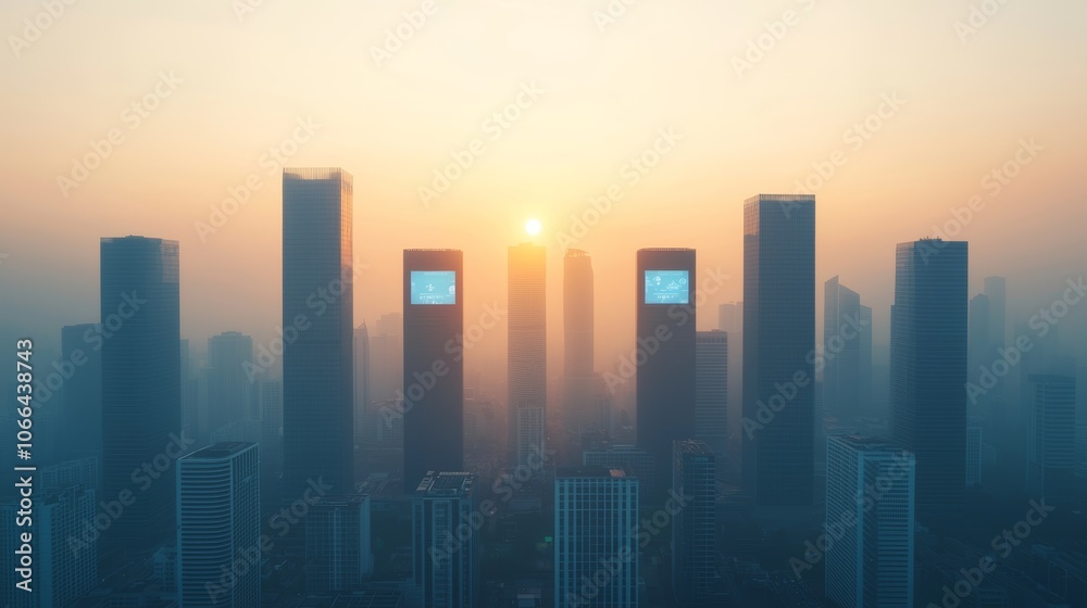 Skyscrapers Surrounded by Haze at Sunset